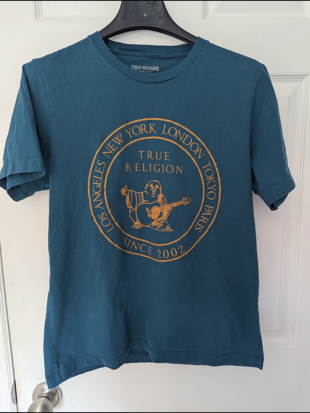 True Religion Teal Short-Sleeve Logo Tee with Gold Graphic